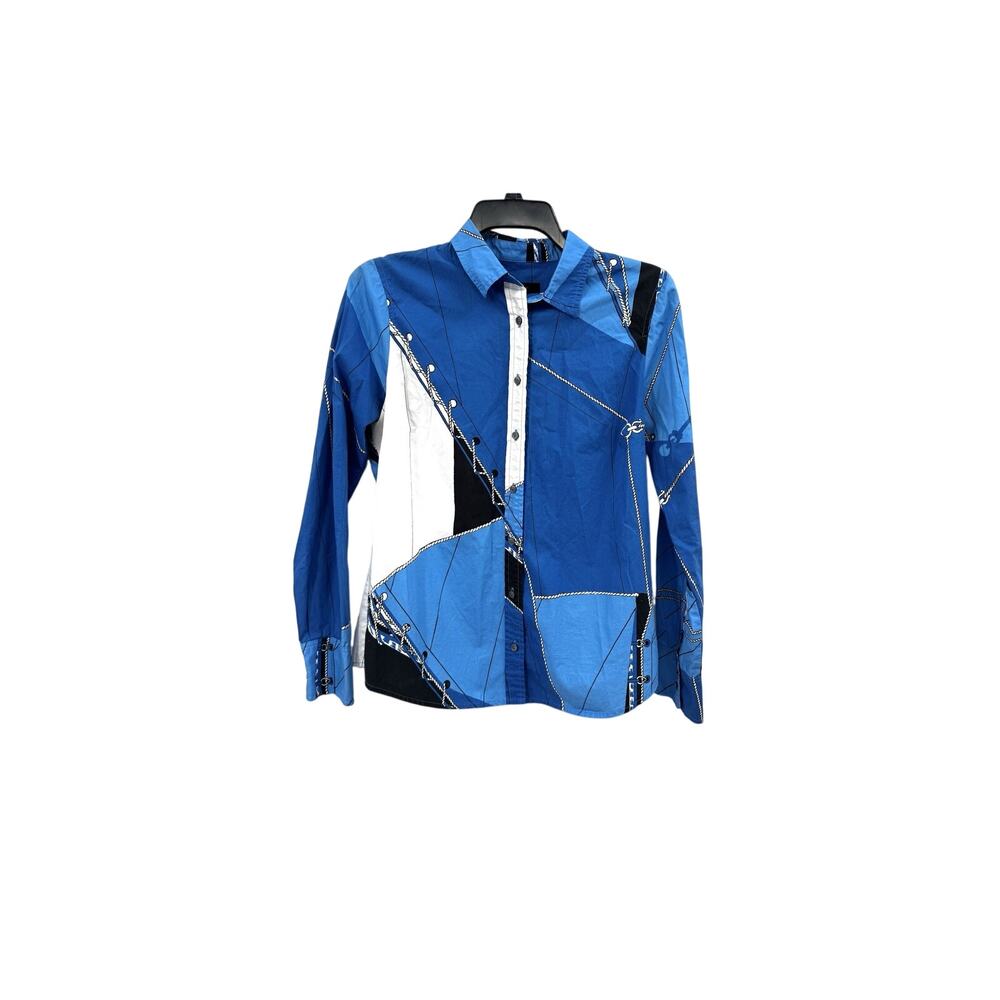 J.Crew Slim Size 6 Blue Rope Lace Print Button-Down Collared Blouse Reimagined